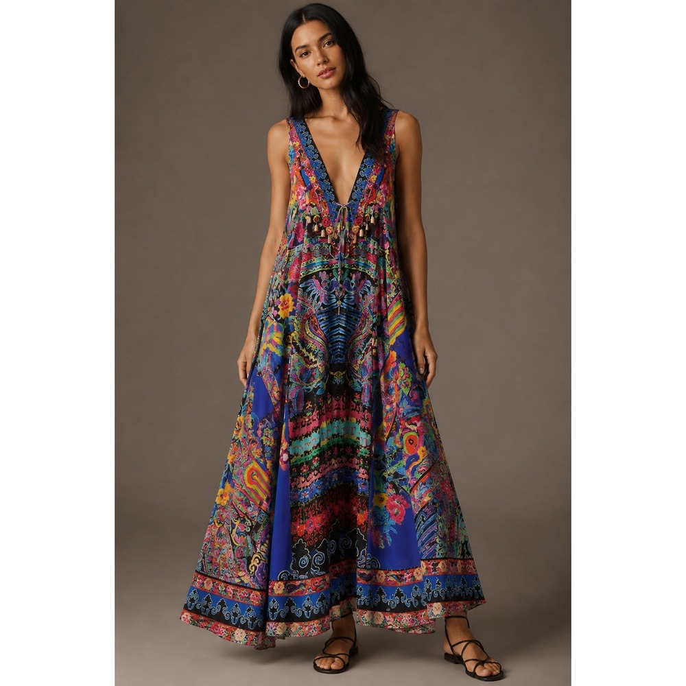 Camilla Pretty Precession V Neck Silk Maxi Dress XS Crystal Embellished